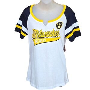 MLB Womens Milwaukee Brewers Jersey Shirt Size Medium Script Logo NWT White Blue